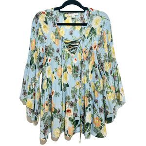 Spense Woman Blue Floral Accordion Pleat Blouse Sz 2X Tie V-Neck